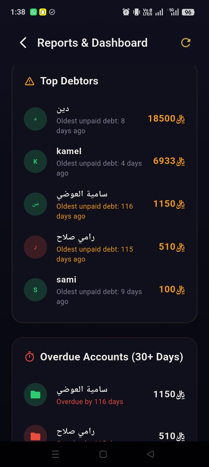 MoFin top debtors screen