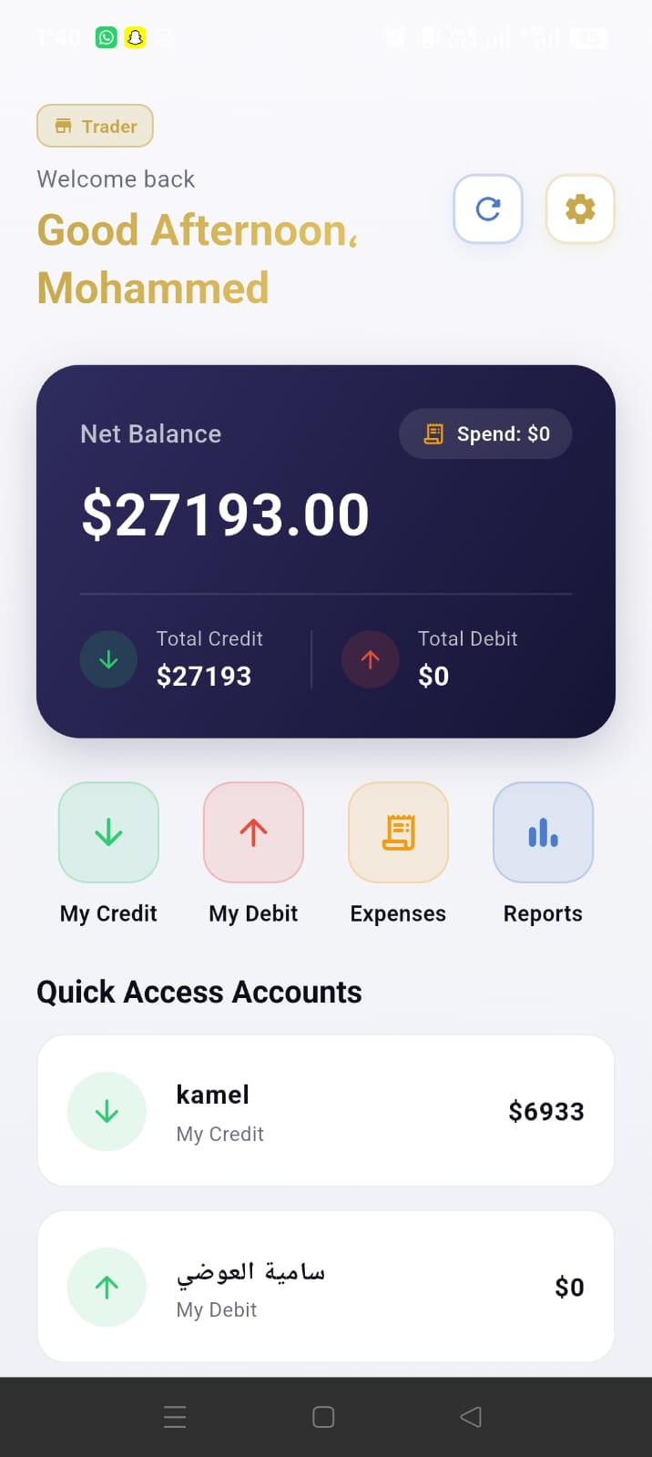 MoFin home screen with net balance