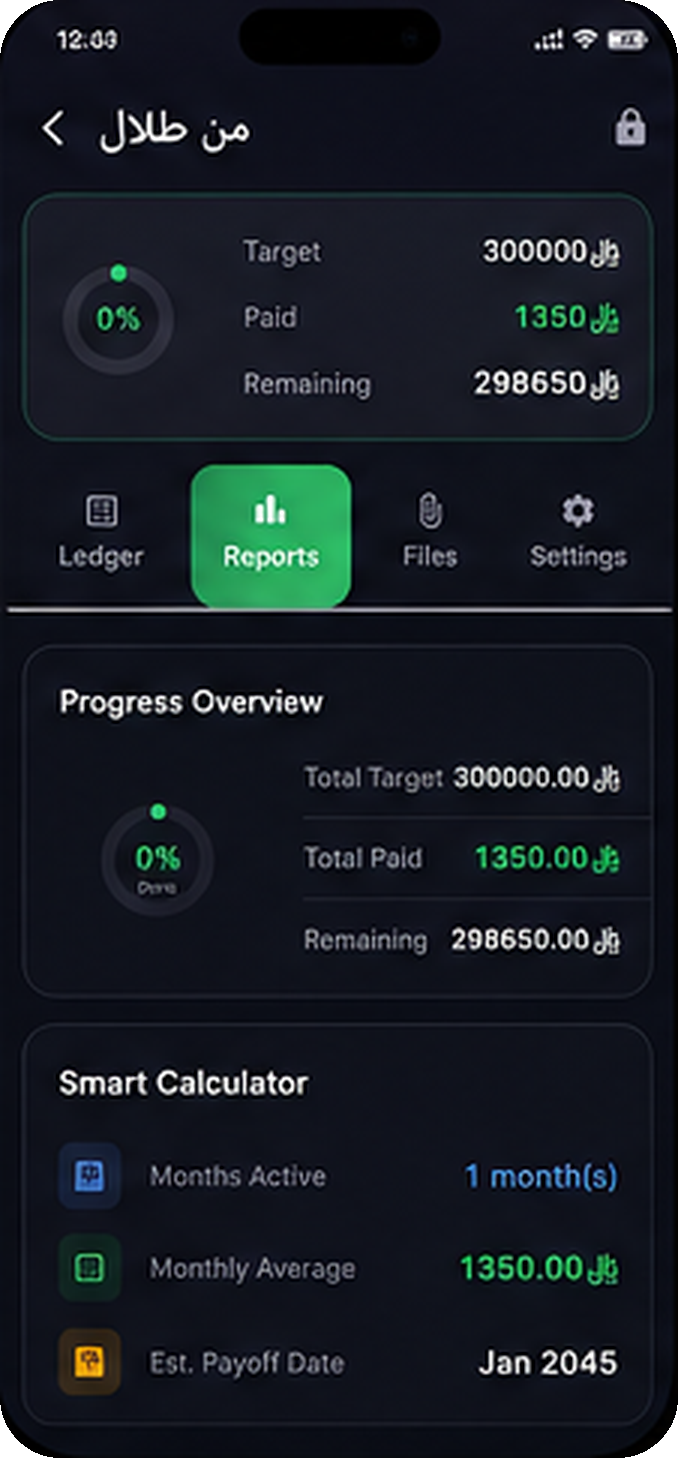 MoFin goal screen with target, paid and remaining amounts