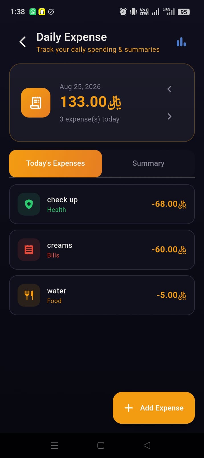 MoFin daily expense screen